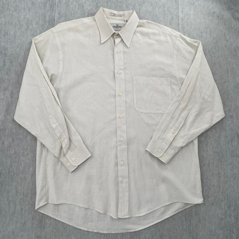 Valentino Uomo Shirt Adult 16.5 Beige Check Button Down Cotton Long Sleeve Mens